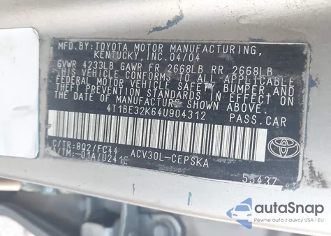 2003 Toyota Camry Le V6 из США, поврежденный, VIN 4T1BF32K23U567309